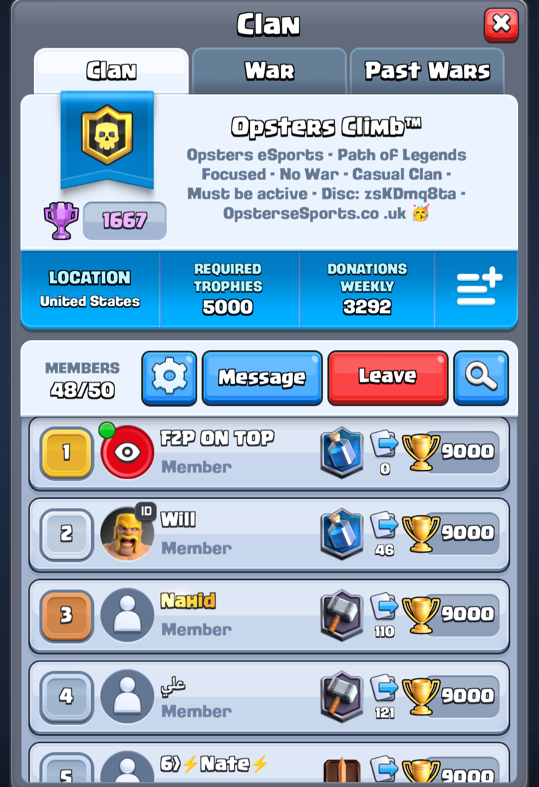 Opsters Climb Clash Royale No War Casual Path of Legends Clan